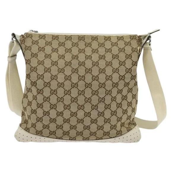 GUCCI GG Canvas Shoulder Bag Beige Silver 145857 Auth th6308